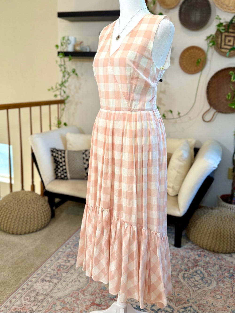 Antonio Melani Pink White GINGHAM Dress Sundress Midi A-Line Dress Summer 4 S - Picture 5 of 11